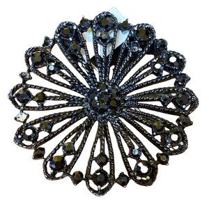 Black Rhinestone Floral Brooch